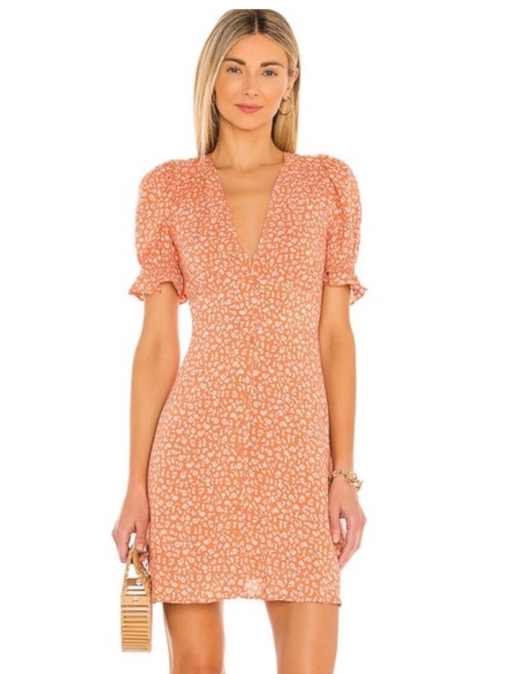 BB Dakota Steve Madden Honey Pie Flutter Sleeve V-Neck Mini Dress Peach Floral